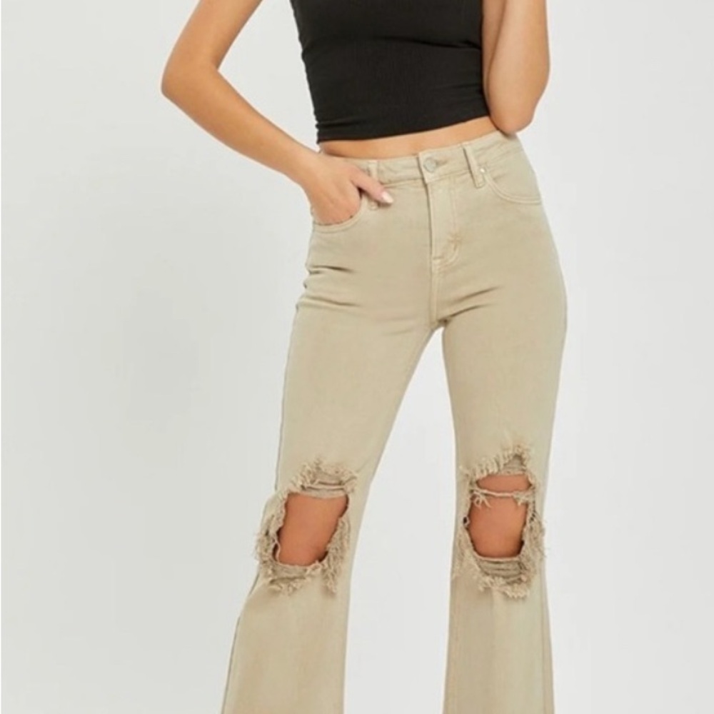 Women’s Tan Distressed Flare Jeans